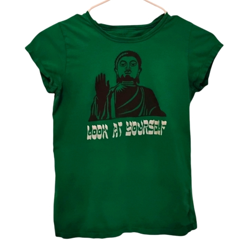 Buddha Look At Yourself T-shirt Tee Green Handmade Thailand